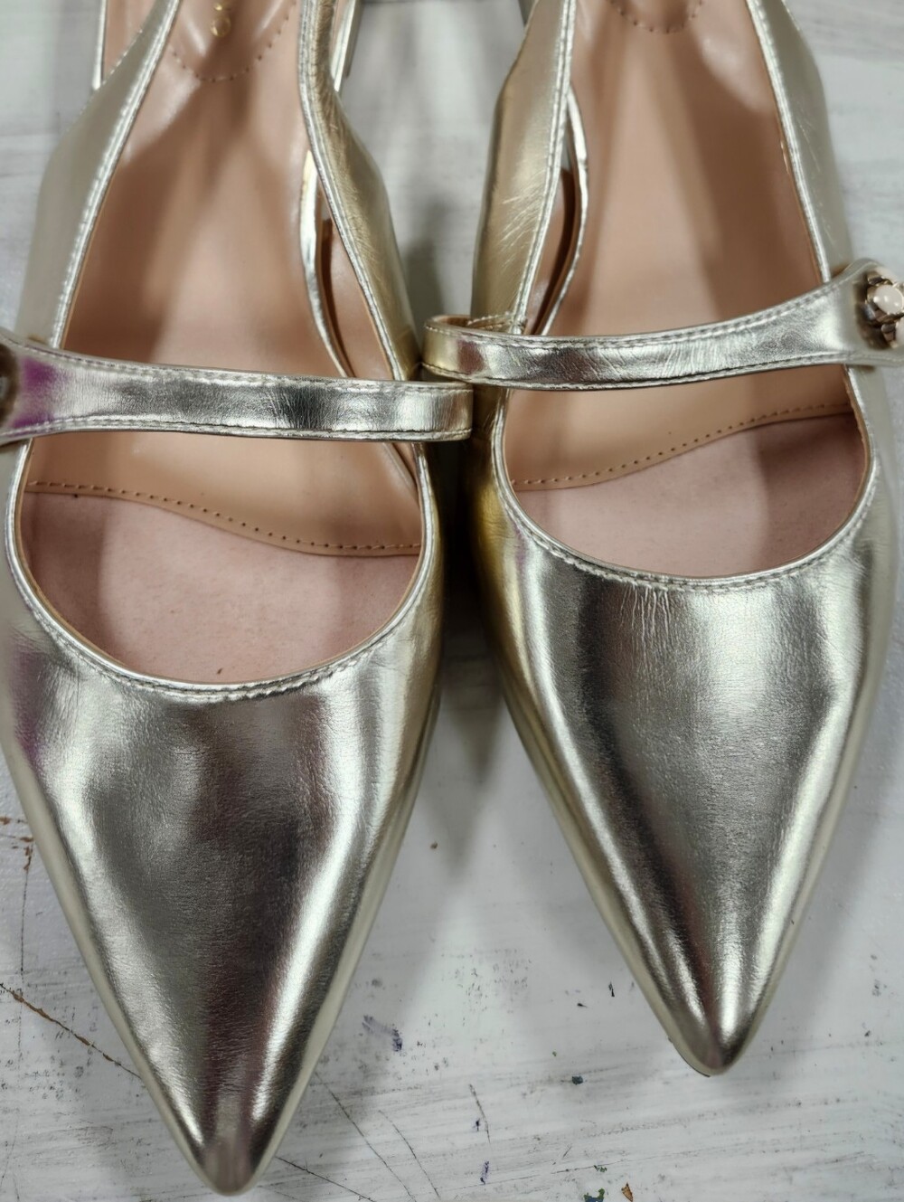 Bandolina Metallic Gold Pointed Slingback Flats with Mary Jane Strap - Picture 2 of 4